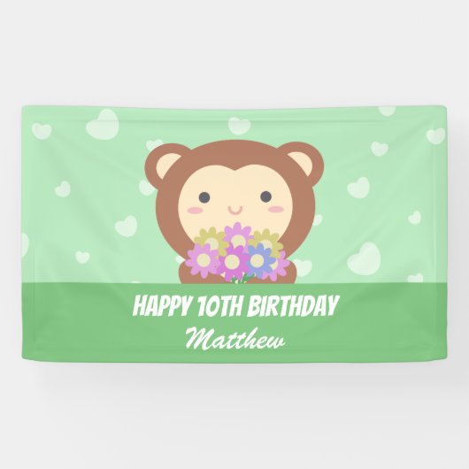 Cute Kawaii Monkey en Flowers Happy Birthday Spandoek (Horizontaal)