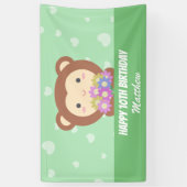Cute Kawaii Monkey en Flowers Happy Birthday Spandoek (Verticaal)