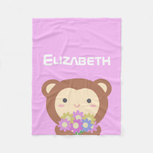 Cute Kawaii Monkey en Flowers Paarse Roze Naam Fleece Deken