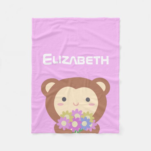 Cute Kawaii Monkey en Flowers Paarse Roze Naam Fleece Deken (Voorkant)