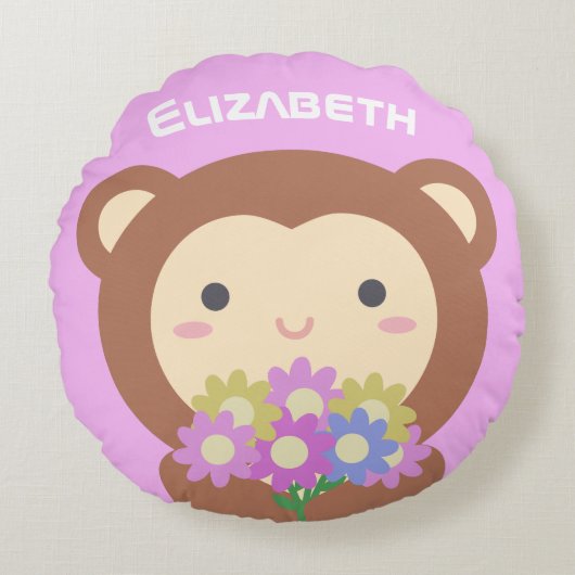 Cute Kawaii Monkey en Flowers Paarse Roze Naam Rond Kussen (Voorkant)