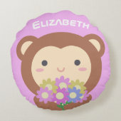 Cute Kawaii Monkey en Flowers Paarse Roze Naam Rond Kussen (Achterkant)