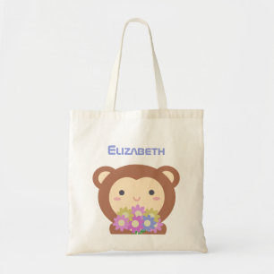 Cute Kawaii Monkey en Flowers Paarse Roze Naam Tote Bag
