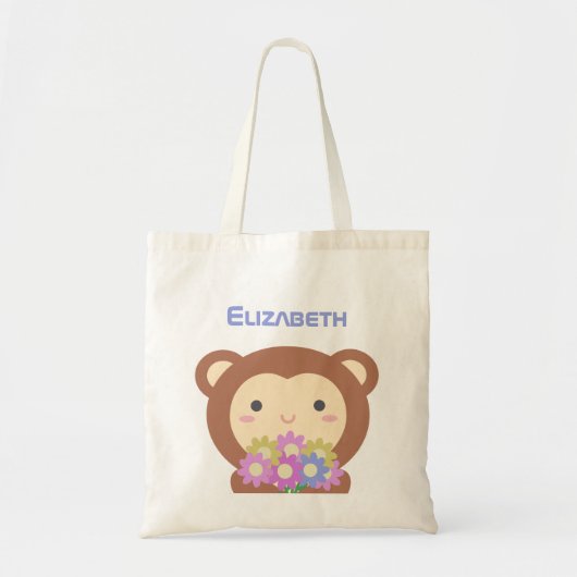Cute Kawaii Monkey en Flowers Paarse Roze Naam Tote Bag (Voorkant)