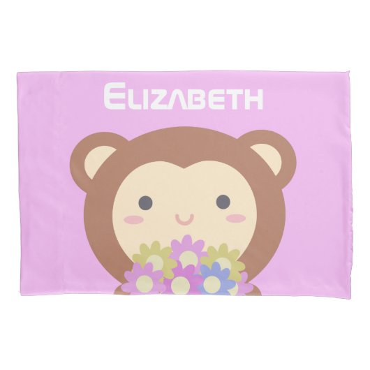 Cute Kawaii Monkey Pastel Paars Pink Flowers Kinde Kussensloop (Voorkant)