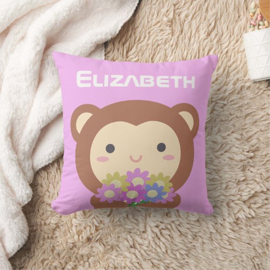 Cute Kawaii Monkey Pastel Paars Pink Flowers Name Kussen (Deken)