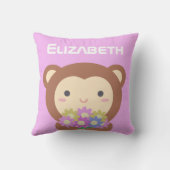 Cute Kawaii Monkey Pastel Paars Pink Flowers Name Kussen (Achterkant)
