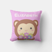 Cute Kawaii Monkey Pastel Paars Pink Flowers Name Kussen (Voorkant)