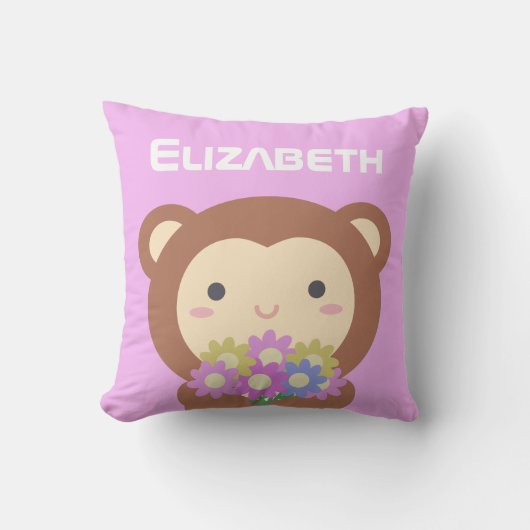 Cute Kawaii Monkey Pastel Paars Pink Flowers Name Kussen (Voorkant)