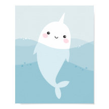 Cute kawaii narwhal zwemt in zachte blauwe golven