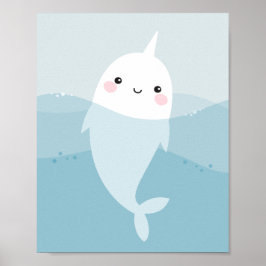 Cute kawaii narwhal zwemt in zachte blauwe golven poster