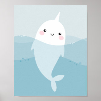 Cute kawaii narwhal zwemt in zachte blauwe golven poster