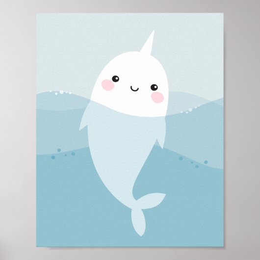Cute kawaii narwhal zwemt in zachte blauwe golven poster (Voorkant)