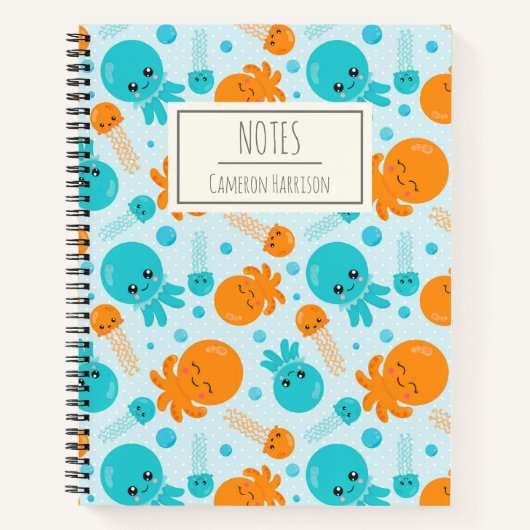 Cute Kawaii Octopus Pattern in Blue Personalized Notitieboek (Voorkant)