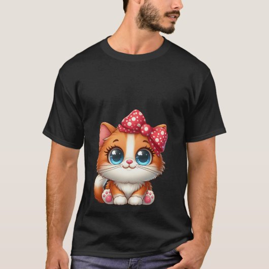 Cute Kawaii Orange Kitten Red Polka Dot Bow Cat  T-shirt (Voorkant)