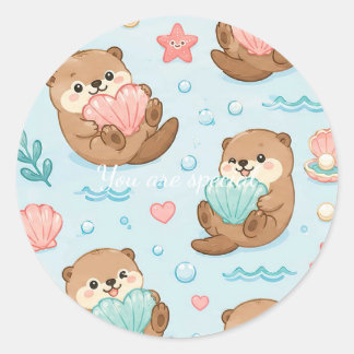 Cute Kawaii Otter Heart Seashell Pattern Ronde Sticker