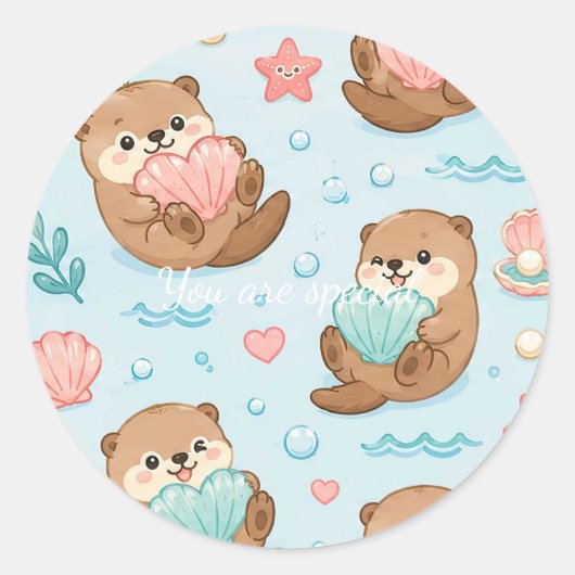 Cute Kawaii Otter Heart Seashell Pattern Ronde Sticker (Voorkant)