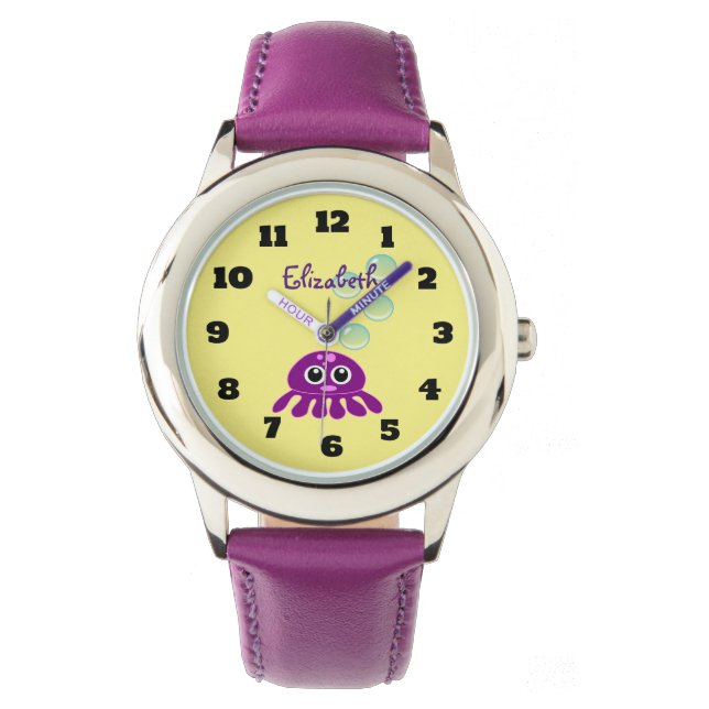 Cute Kawaii Paarse Jellyfish with Blue Bubbles Horloge (Voorkant)