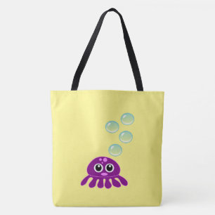 Cute Kawaii Paarse Jellyfish with Blue Bubbles Tote Bag