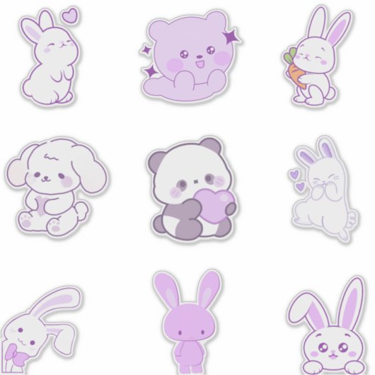 Cute Kawaii Paarse Pastel Konijn Panda Sticker Set (Voorkant)