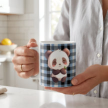Cute Kawaii Panda Beer Blau Buffalo Plaid