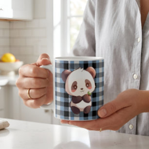 Cute Kawaii Panda Beer Blau Buffalo Plaid Koffiemok