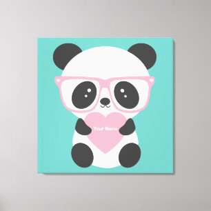 Cute Kawaii Panda Beer Pink Heart Canvas Afdruk