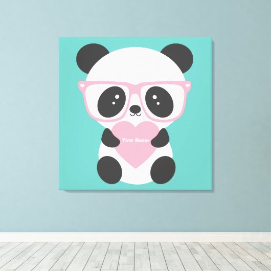 Cute Kawaii Panda Beer Pink Heart Canvas Afdruk (Insitu (Houten vloer))