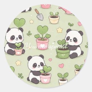 Cute Kawaii Panda Heart Plant Pattern Ronde Sticker