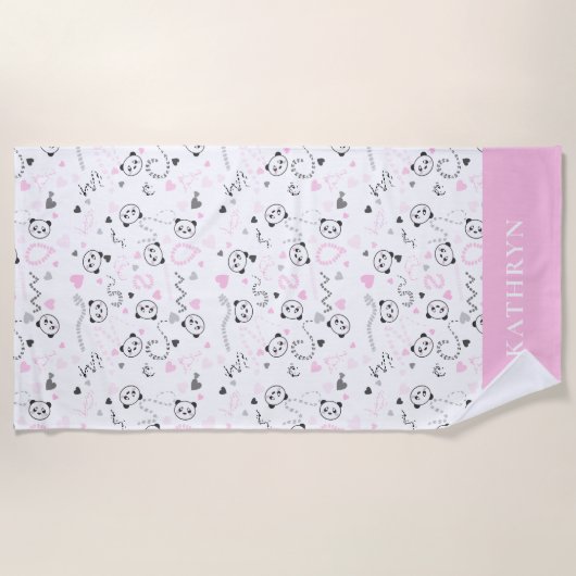 Cute Kawaii Panda roze grijze harten gepersonalise Strandlaken (Voorkant)