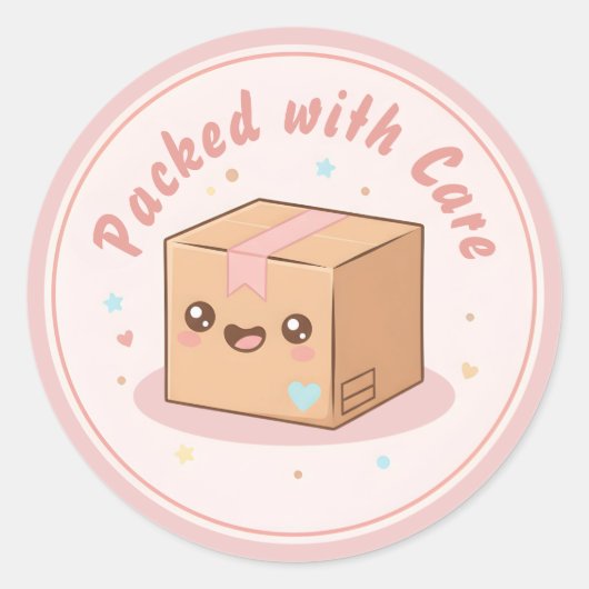 Cute Kawaii Parcel "Packed with Care" Packaging Ronde Sticker (Voorkant)