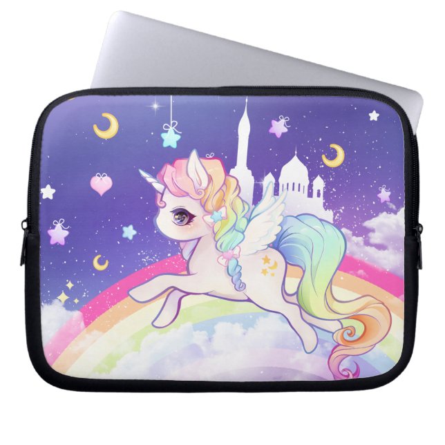 Cute kawaii pastel unicorn met regenboogmelkwegste laptop sleeve (Voorkant)