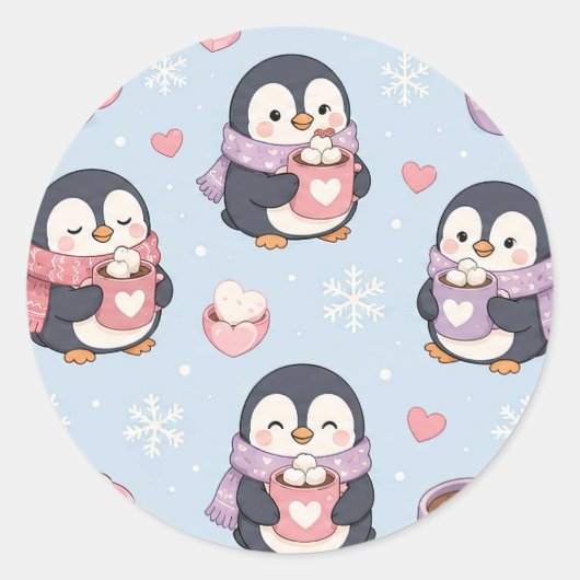 Cute Kawaii Penguin Hot Cocoa Pattern Ronde Sticker (Voorkant)