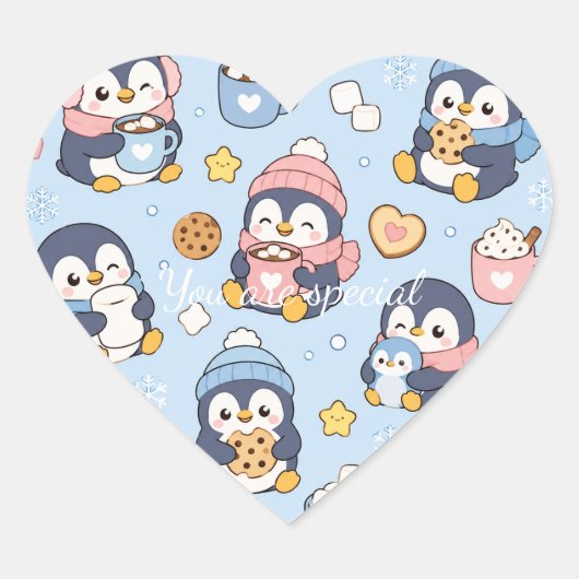 Cute Kawaii Penguin Winter Pattern | Cozy Hot Coco Hart Sticker (Voorkant)
