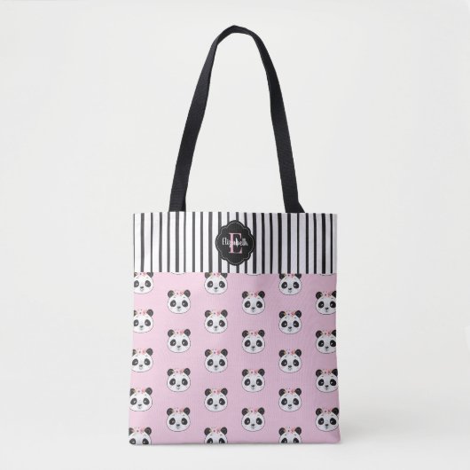 Cute Kawaii Pink Black Panda Monogram Tote Bag (Voorkant)