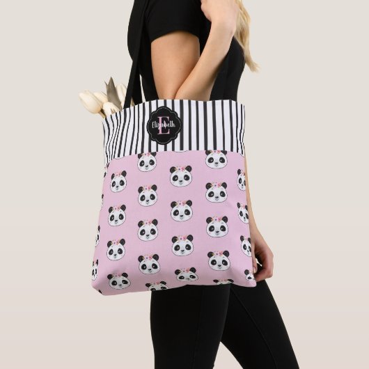 Cute Kawaii Pink Black Panda Monogram Tote Bag (Dichtbij)