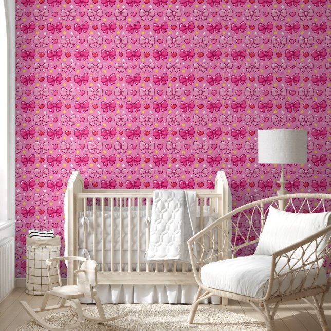 Cute Kawaii Pink Bows Nursery Girl Room Behang (Kinderen)