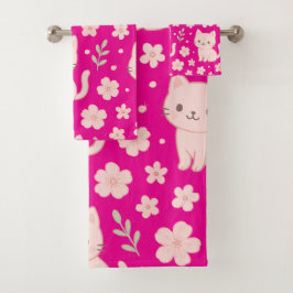 Cute Kawaii Pink Cats and Flowers Towel Set Bad Handdoek