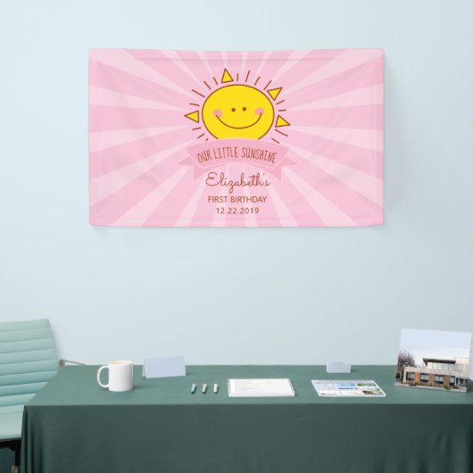 Cute Kawaii Pink Sunshine Kinder 1e verjaardag Spandoek (Beurs)