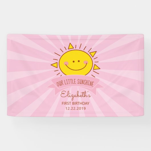 Cute Kawaii Pink Sunshine Kinder 1e verjaardag Spandoek (Horizontaal)