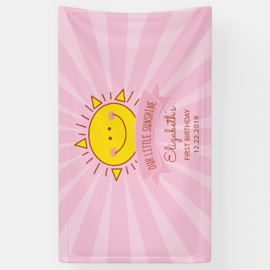 Cute Kawaii Pink Sunshine Kinder 1e verjaardag Spandoek (Verticaal)