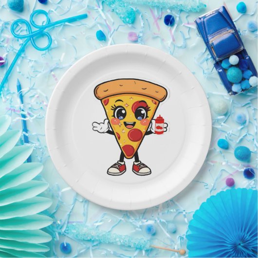 Cute Kawaii Pizza Slice Paper Plates Fun Party Foo Papieren Bordje (Feest)