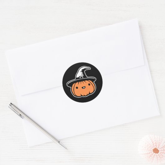 Cute Kawaii Pumpkin Wearing Witch Hat Halloween Ronde Sticker (Envelop)