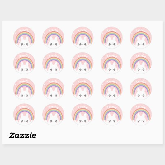 Cute Kawaii Rabbit and Rainbow Personalised Ronde Sticker (Vel)