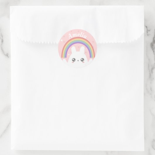 Cute Kawaii Rabbit and Rainbow Personalised Ronde Sticker (Tas)