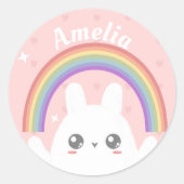 Cute Kawaii Rabbit and Rainbow Personalised Ronde Sticker (Voorkant)