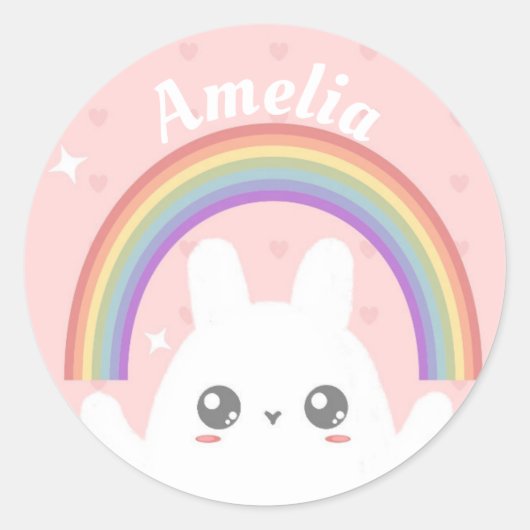 Cute Kawaii Rabbit and Rainbow Personalised Ronde Sticker (Voorkant)