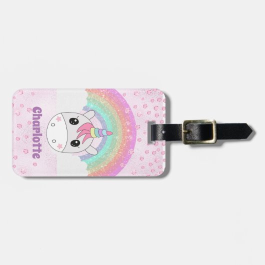 Cute Kawaii Rainbow Unicorn met aangepaste naam Bagagelabel (Voorkant horizontaal)