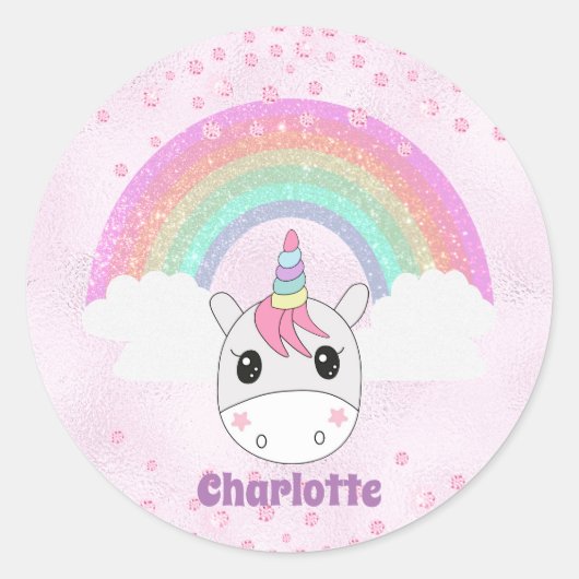 Cute Kawaii Rainbow Unicorn met aangepaste naam Ronde Sticker (Voorkant)