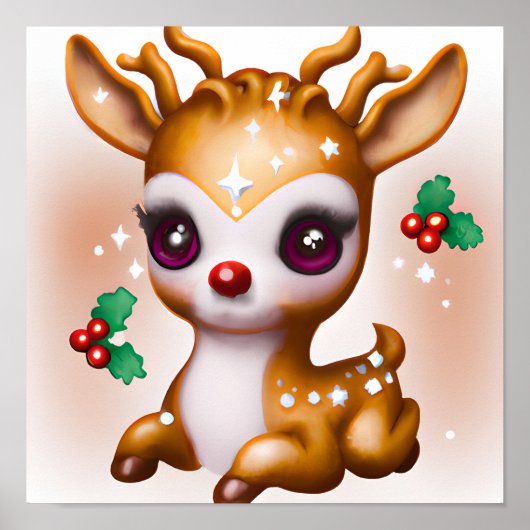 Cute Kawaii Reindeer met Holly en Glitter Poster (Voorkant)